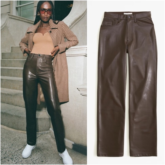Abercrombie & Fitch The 90s Straight ultra high rise Vegan Leather Pants 27/4L - Picture 1 of 14